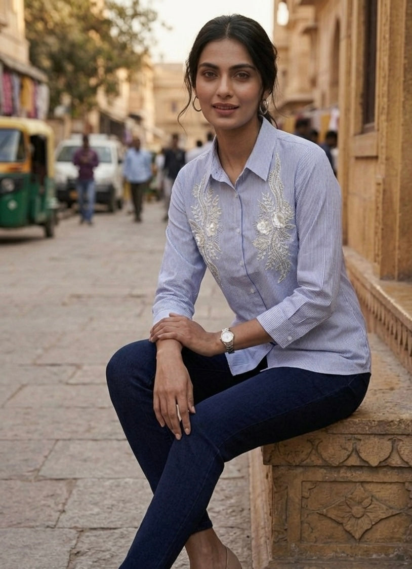 PERIWINKLE BLUE FLORAL EMBROIDERED SHIRT BESU INDIA