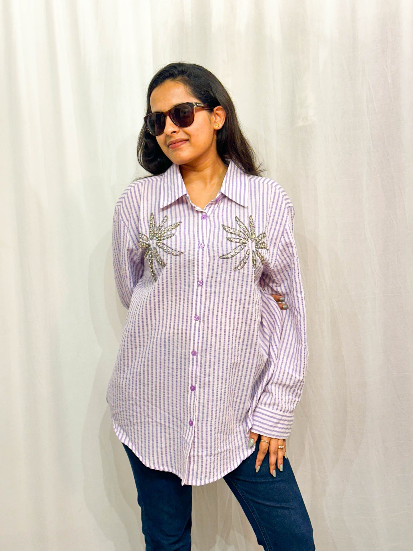 PURPLE STRIPED EMBELLISHED COTTON SHIRT BESU INDIA