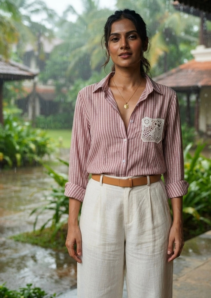 DUSTY ROSE STRIPED SHIRT WITH LACE POCKET BESU INDIA