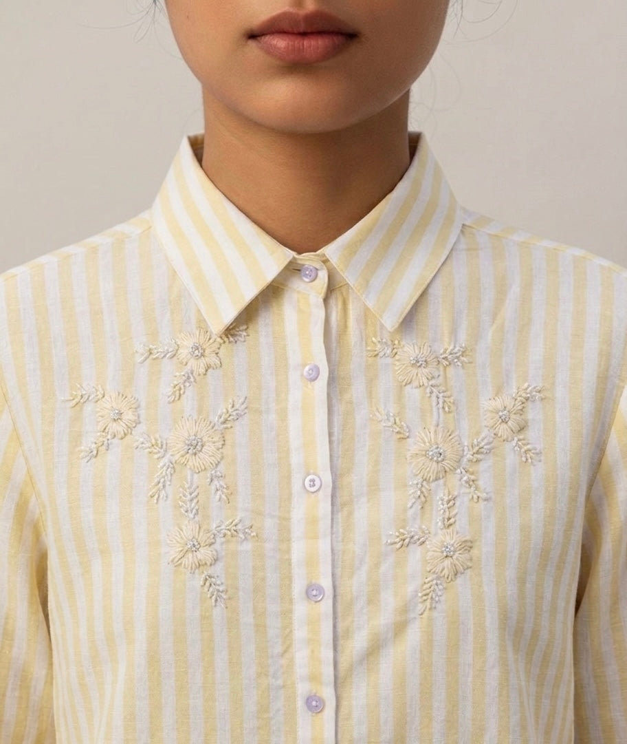 YELLOW STRIPED SHIRT WITH FLORAL EMBROIDERY BESU INDIA