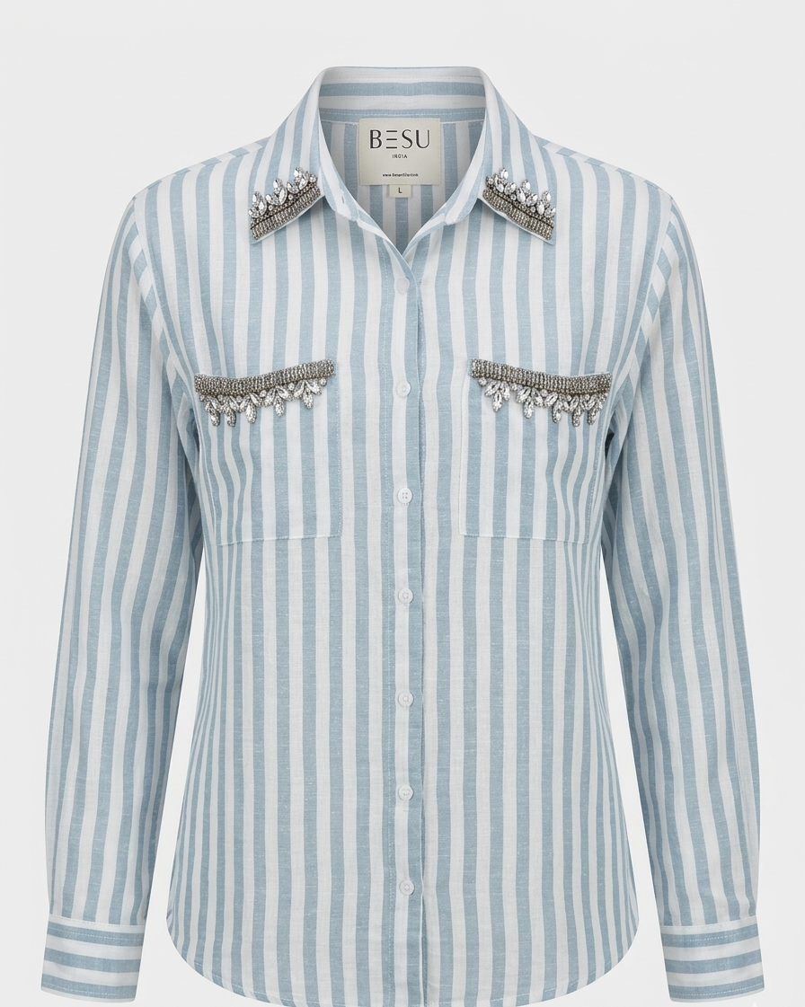 BLUE AND WHITE STRIPED SHIRT WITH EMBELLISHMENTS BESU INDIA