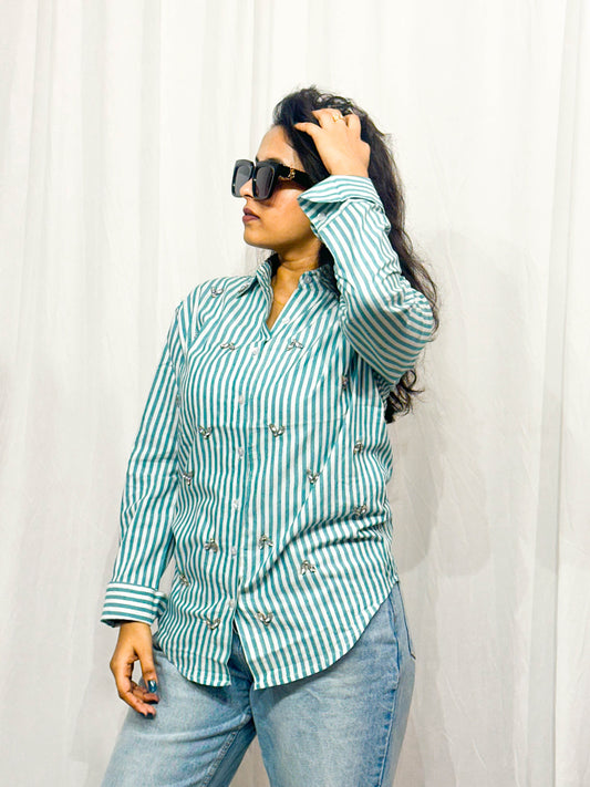 TEEL BLUE STRIPES COTTON SHIRT WITH EMBELLISHMENTS BESU INDIA