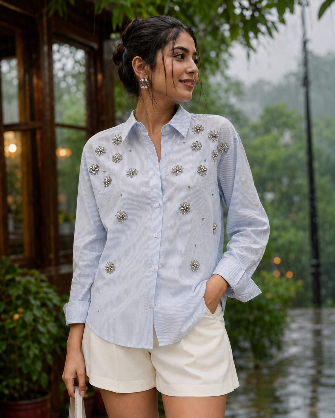 LIGHT BLUE STRIPED CRYSTAL BLOOM EMBELLISHED SHIRT BESU INDIA