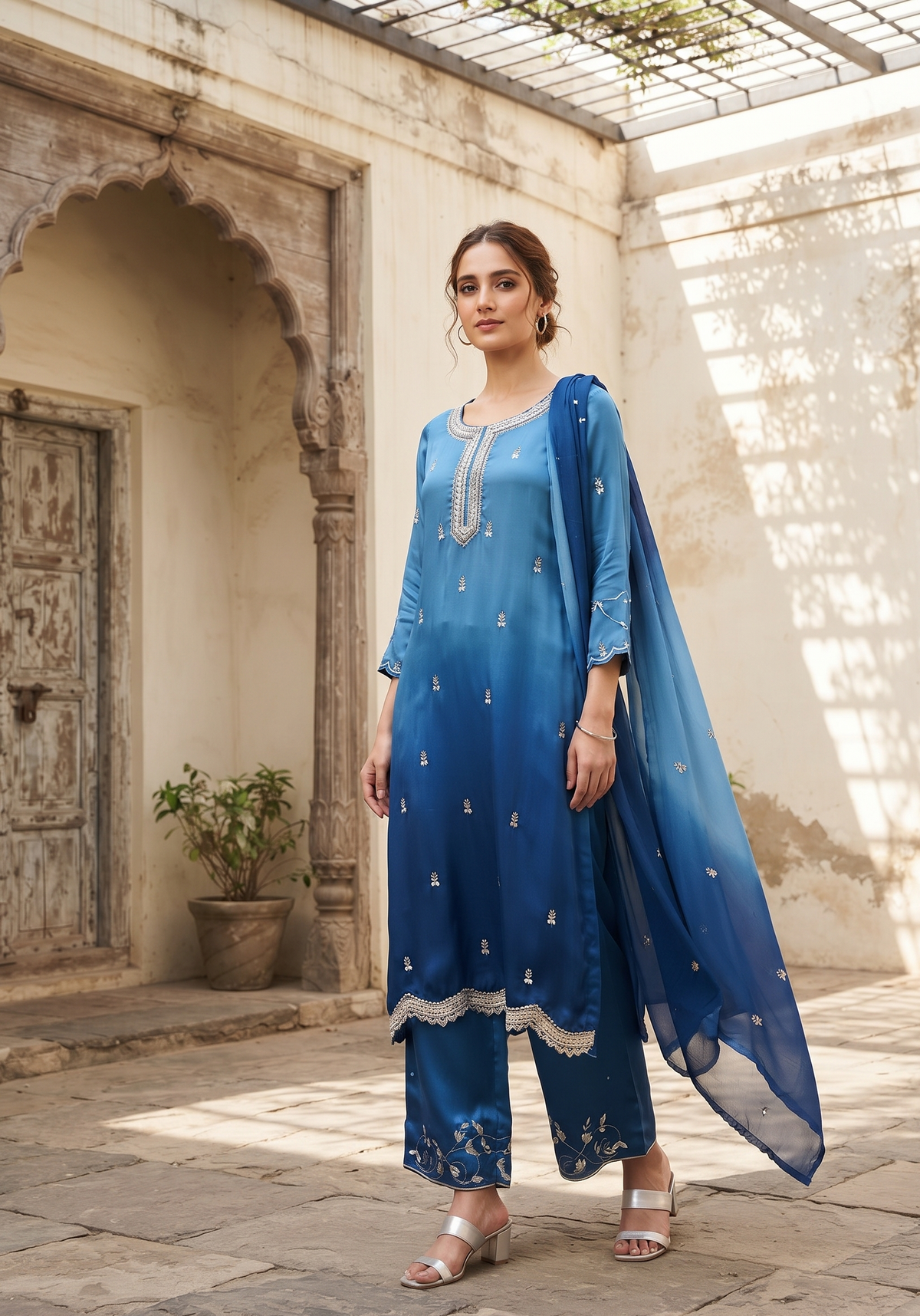 OMBRÉ BLUE EMBROIDERED KURTA WITH PANTS AND DUPATTA BESU INDIA