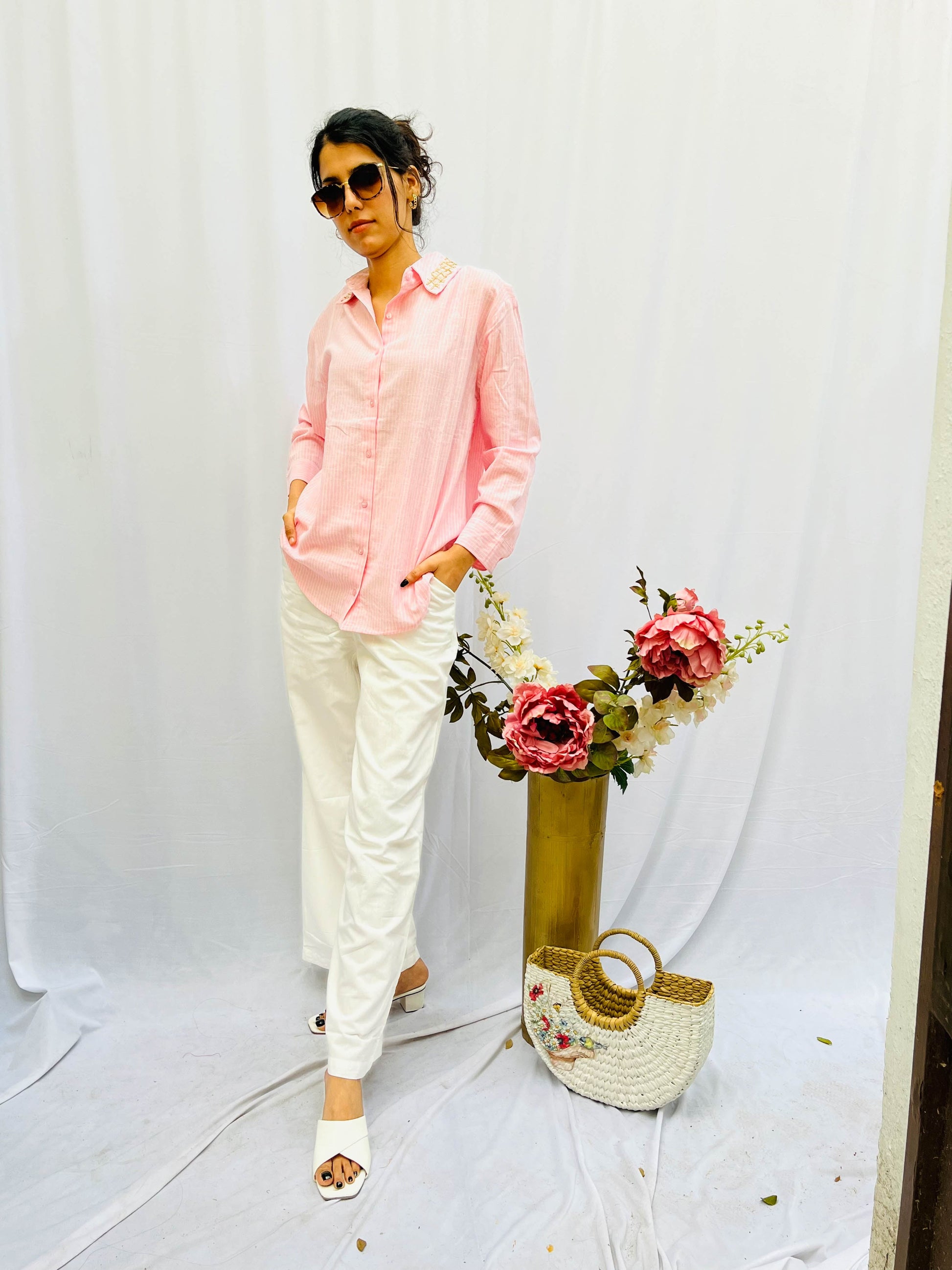 LIGHT PINK STRIPED SHIRT WITH EMBROIDERED COLLAR BESU INDIA