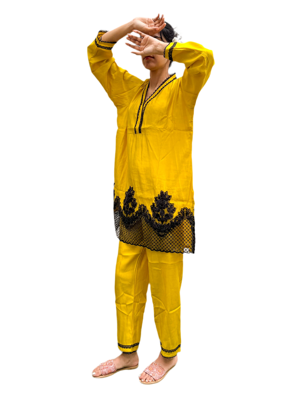 MUSTARD LACE APPLIQUÉ PATCH WORK KURTA SET BESU INDIA