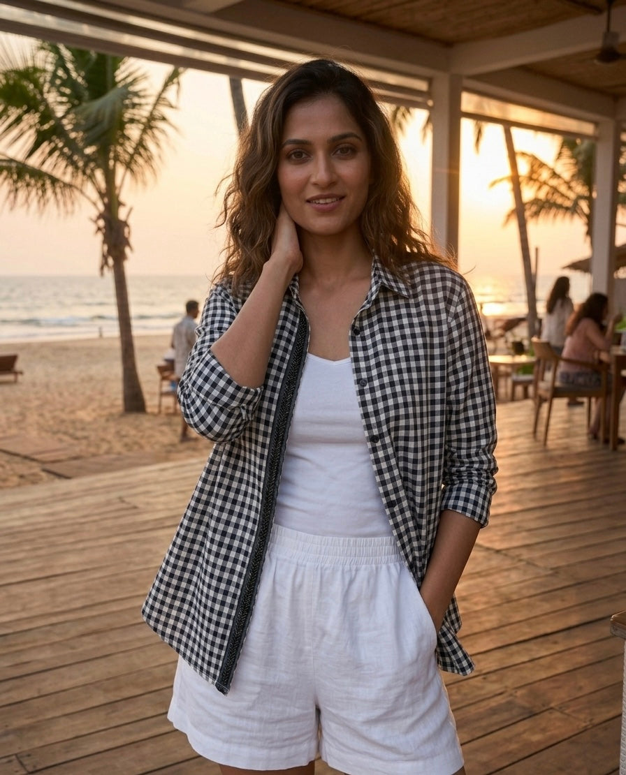 BLACK CHECKS SHIRT WITH EMBROIDERED PLACKET BESU INDIA