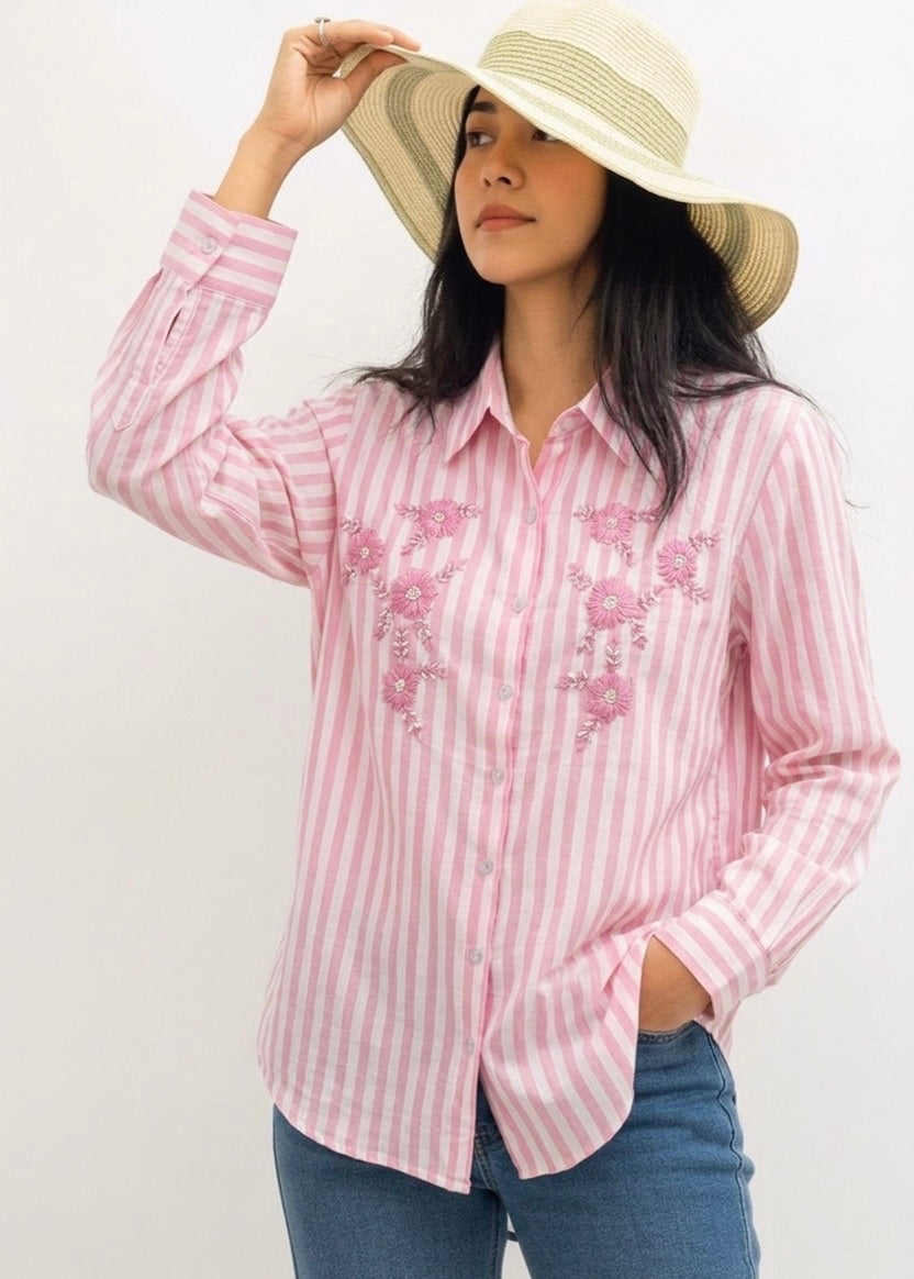 PINK STRIPED SHIRT WITH FLORAL EMBROIDERY BESU INDIA