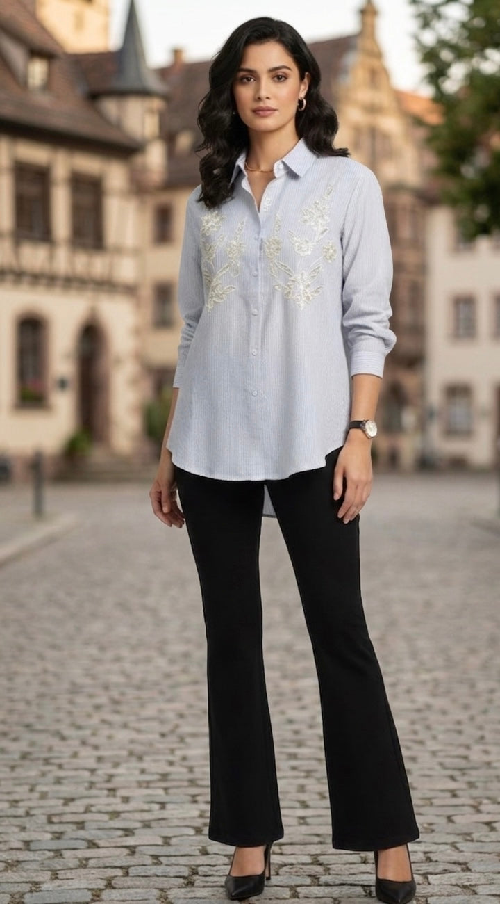 LIGHT BLUE STRIPED SHIRT WITH SEQUINS EMBROIDERY BESU INDIA