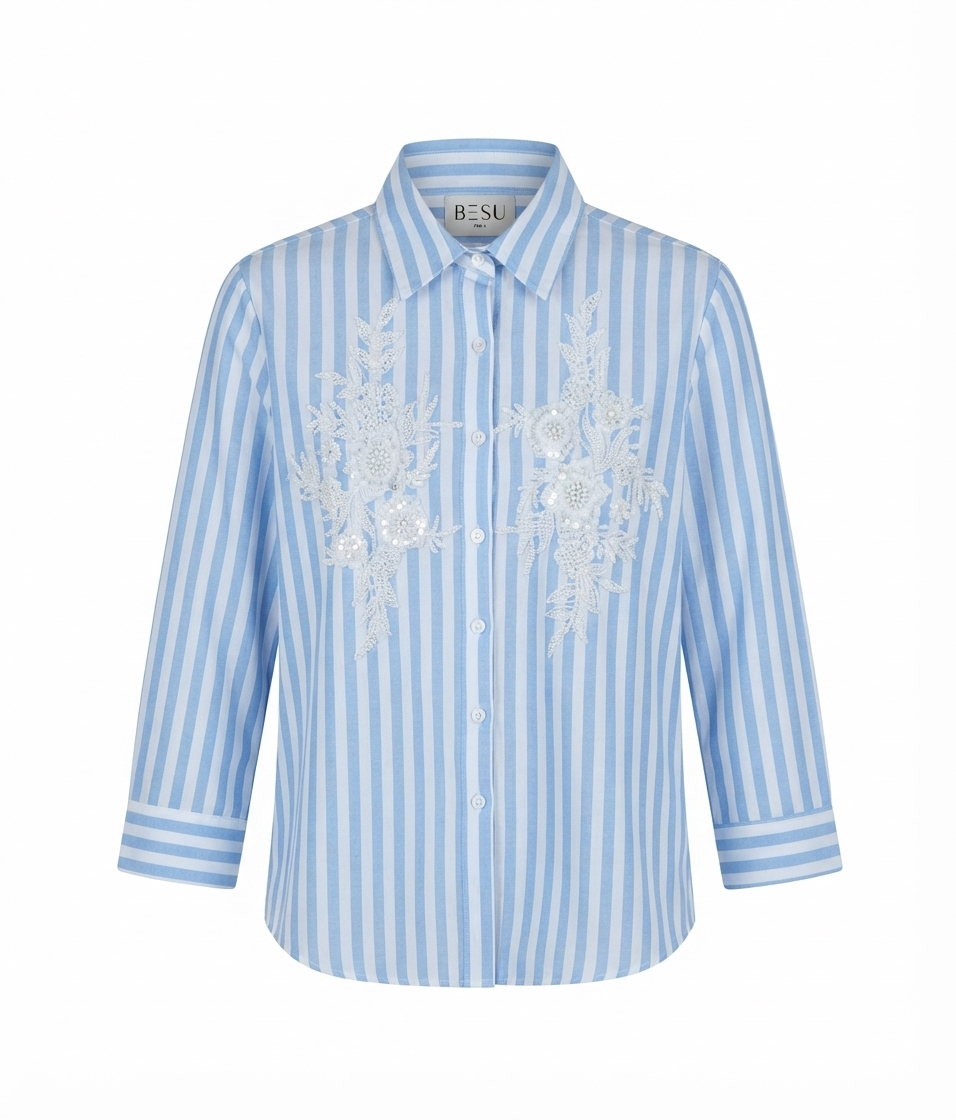 BLUE AND WHITE STRIPED SHIRT WITH SEQUINS EMBROIDERY BESU INDIA