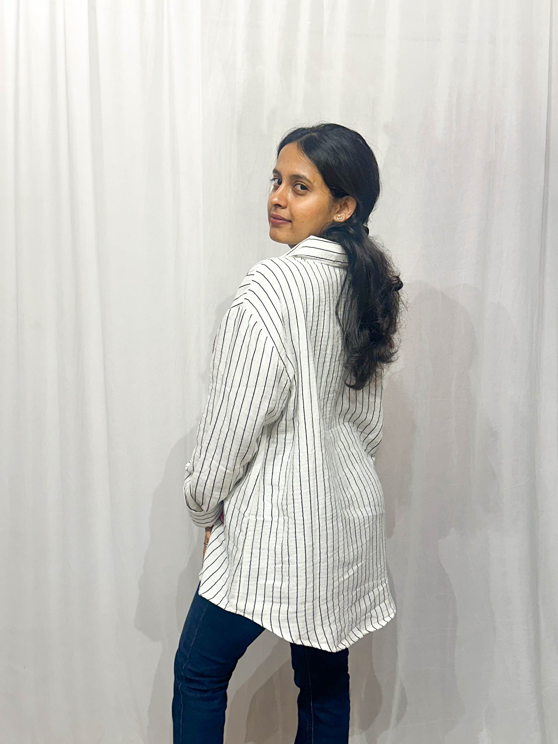 BLACK AND WHITE STRIPED COTTON SHIRT WITH PATCHWORK BESU INDIA