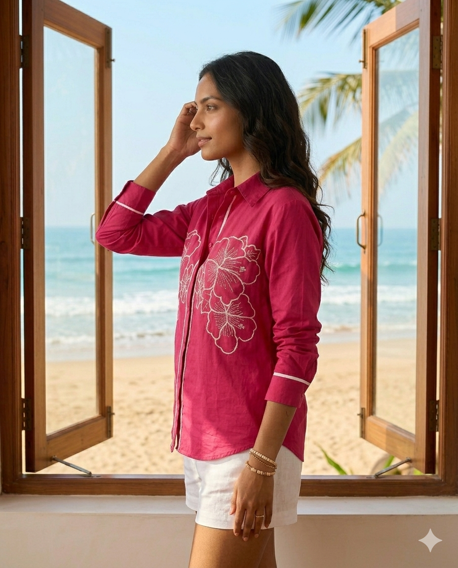 FUCHSIA FLORAL ACCENT SHIRT BESU INDIA