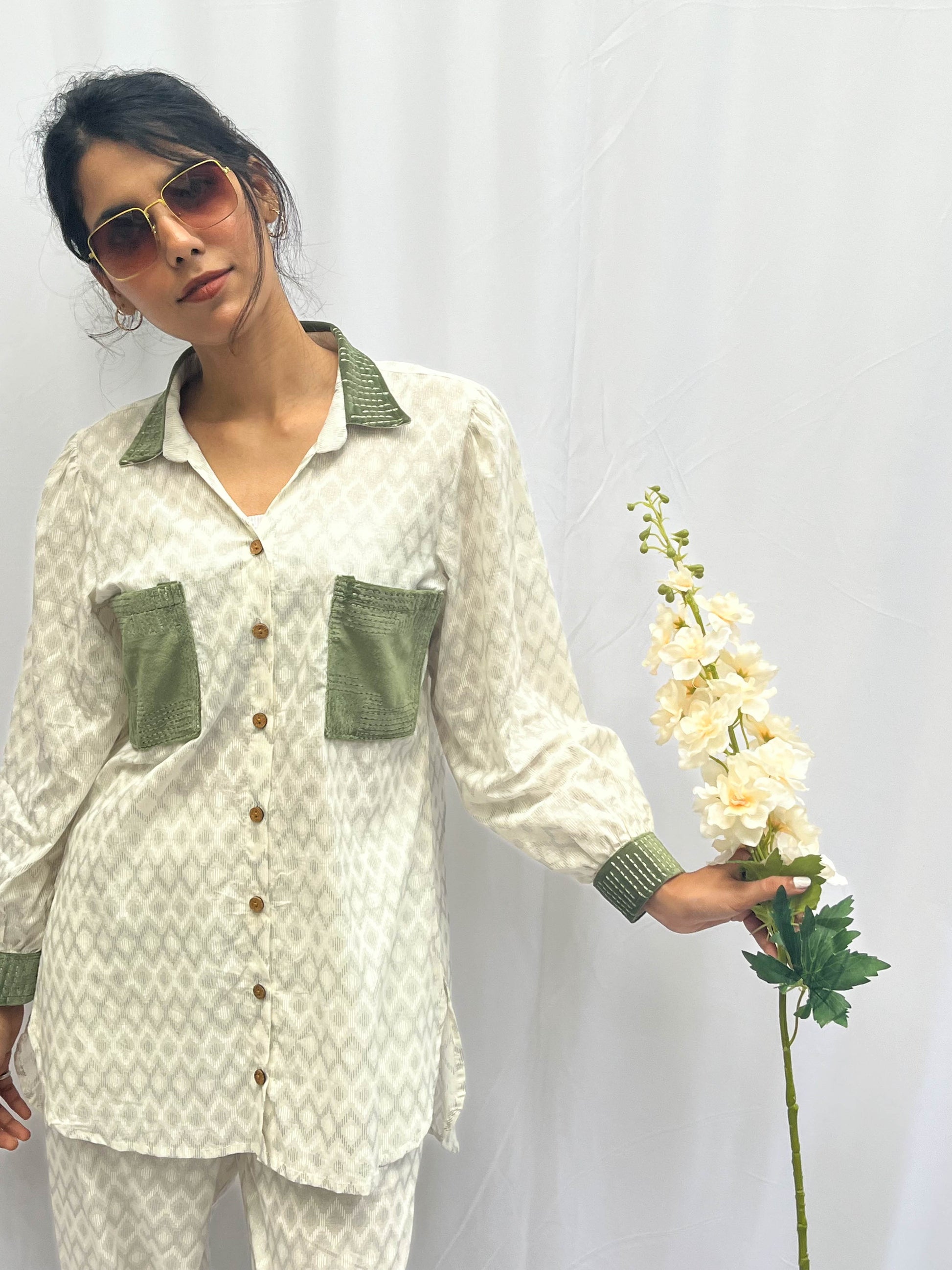 GREEN SUEDE PATCH WORKED - TEXTURED COTTON CO-ORD BESU INDIA