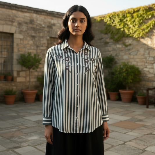 BLACK AND WHITE STRIPED COTTON SHIRT WITH FLORAL HAND EMBROIDERY BESU INDIA