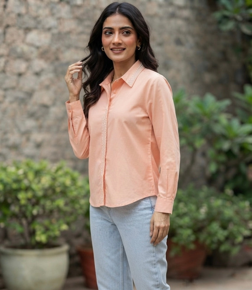 PEACH EMBELLISHED COTTON SHIRT BESU INDIA