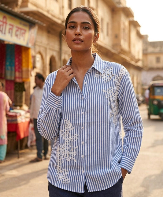 CLASSIC BLUE AND WHITE STRIPE SHIRT WITH WHITE EMBROIDERY BESU INDIA