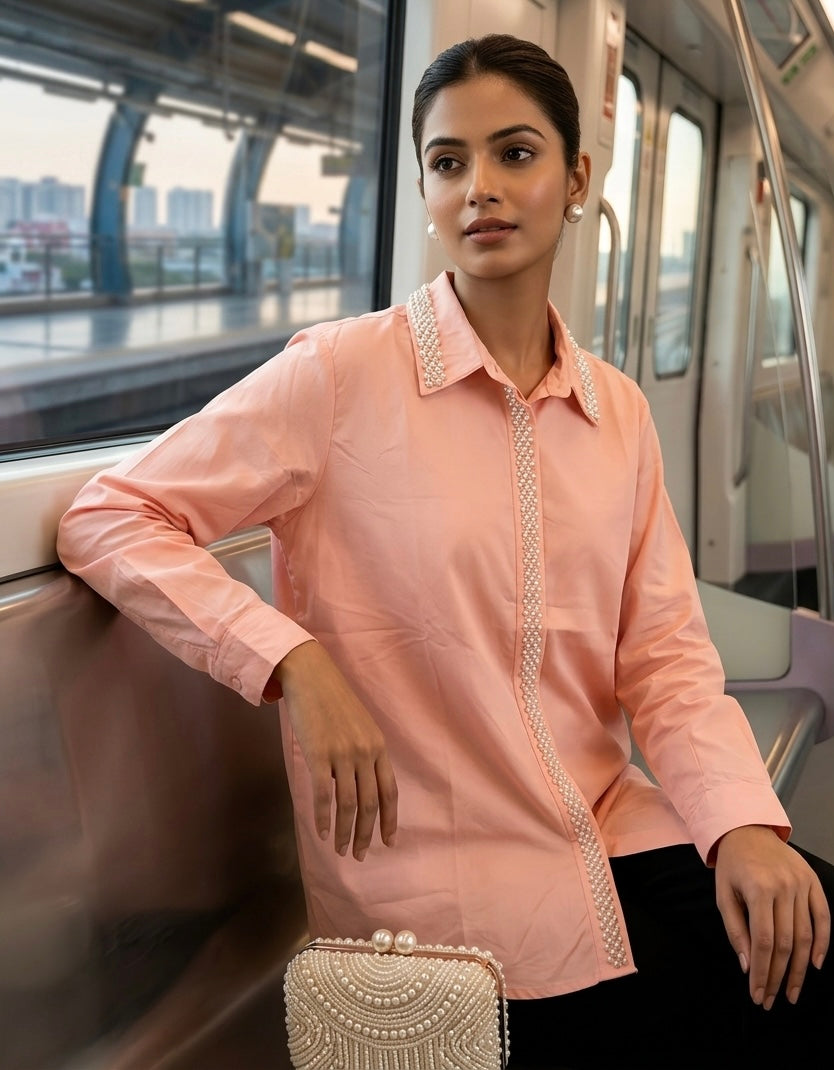 PEACH EMBELLISHED COTTON SHIRT BESU INDIA