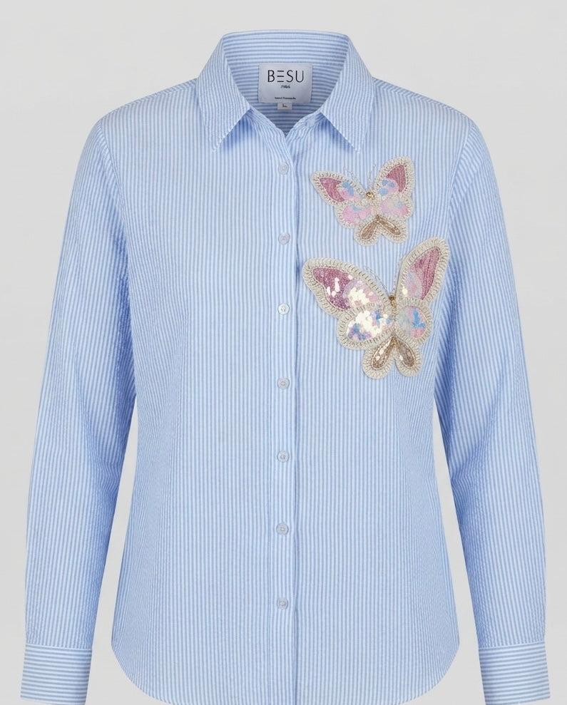 THE BLUE BUTTERFLY SEQUINED STRIPE SHIRT BESU INDIA