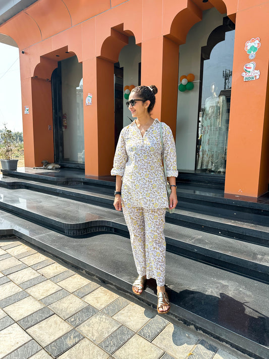 YELLOW FLORAL CO-ORD KURTA SET BESU INDIA