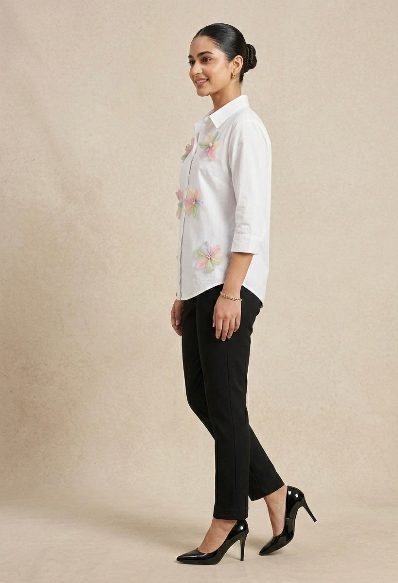 WHITE SHIRT WITH COLOURFUL FLOWERS PATCHWORK BESU INDIA