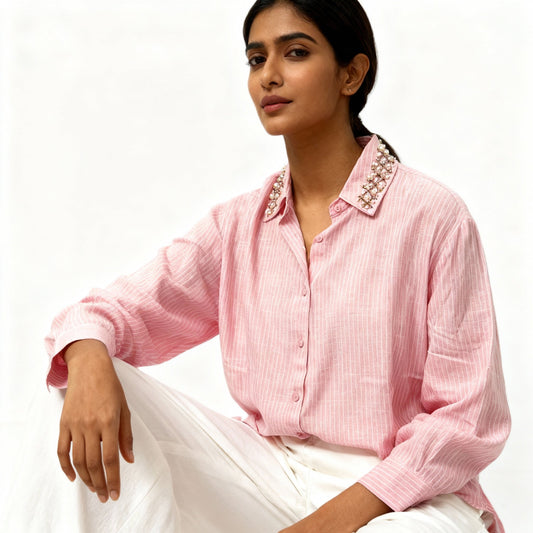 LIGHT PINK STRIPED SHIRT WITH EMBROIDERED COLLAR BESU INDIA