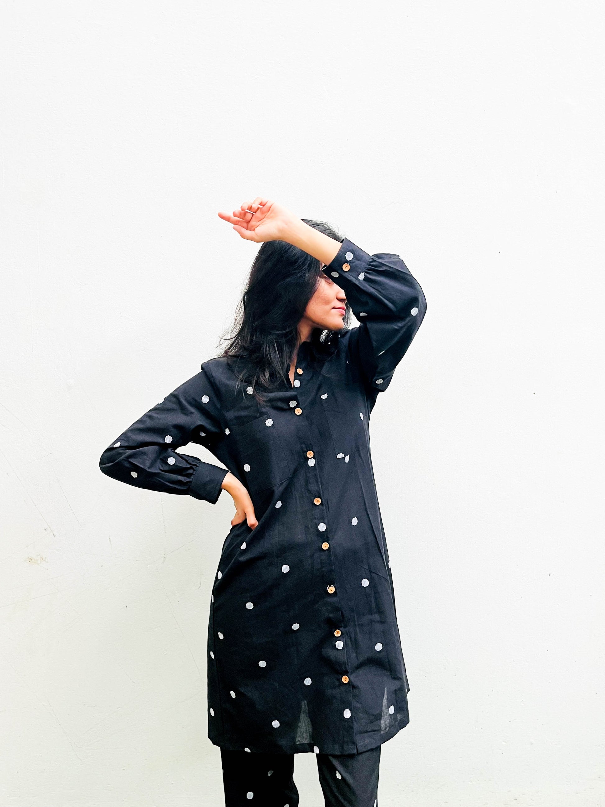 BLACK POLKA DOTTED COTTON CO-ORD KURTA SET BESU INDIA