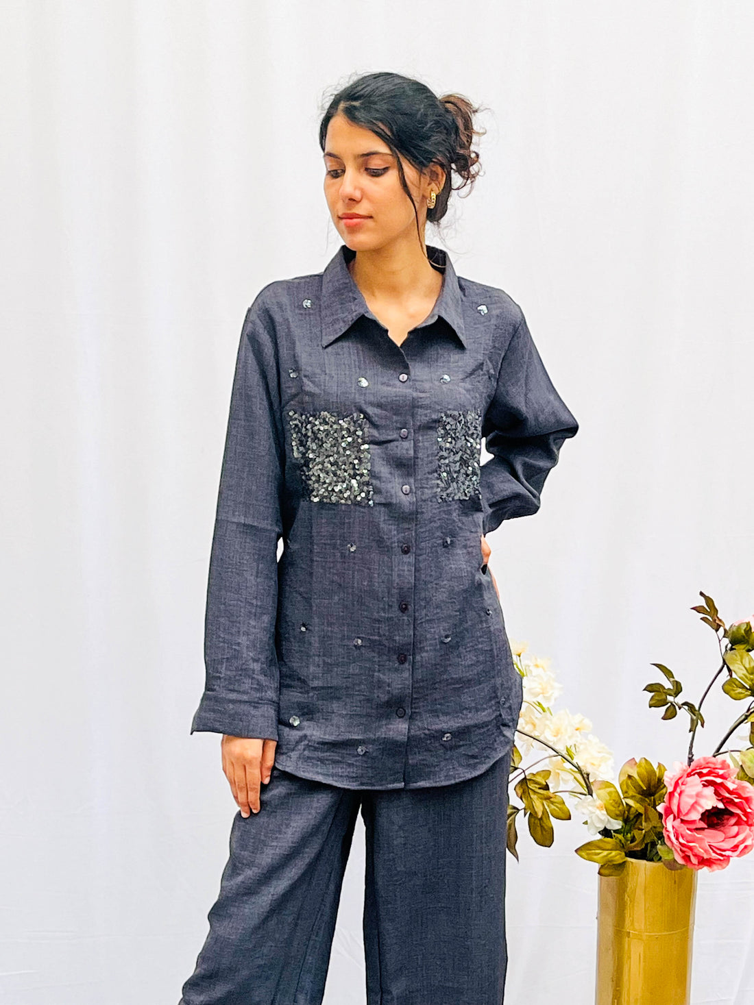 SPACE GREY SEQUINS POCKET CO-ORD SET BESU INDIA