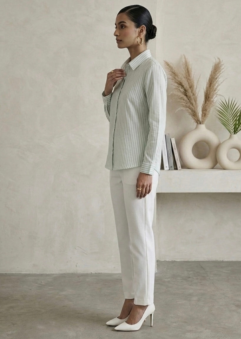 PASTEL GREEN STRIPED SHIRT WITH WHITE EMBROIDERY BESU INDIA