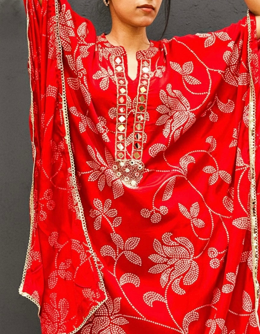 RED FLORAL PRINTED KAFTAN WITH TULIP PANTS BESU INDIA