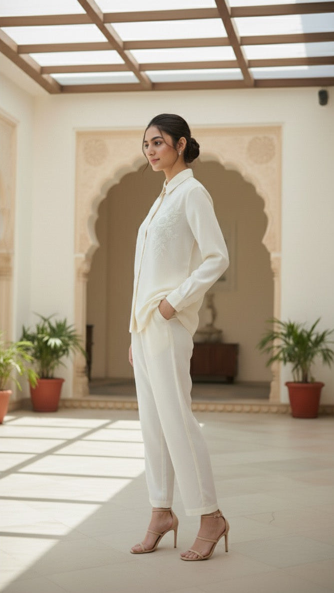 WHITE COTTON EMBELLISHED CLASSIC CO-ORD BESU INDIA