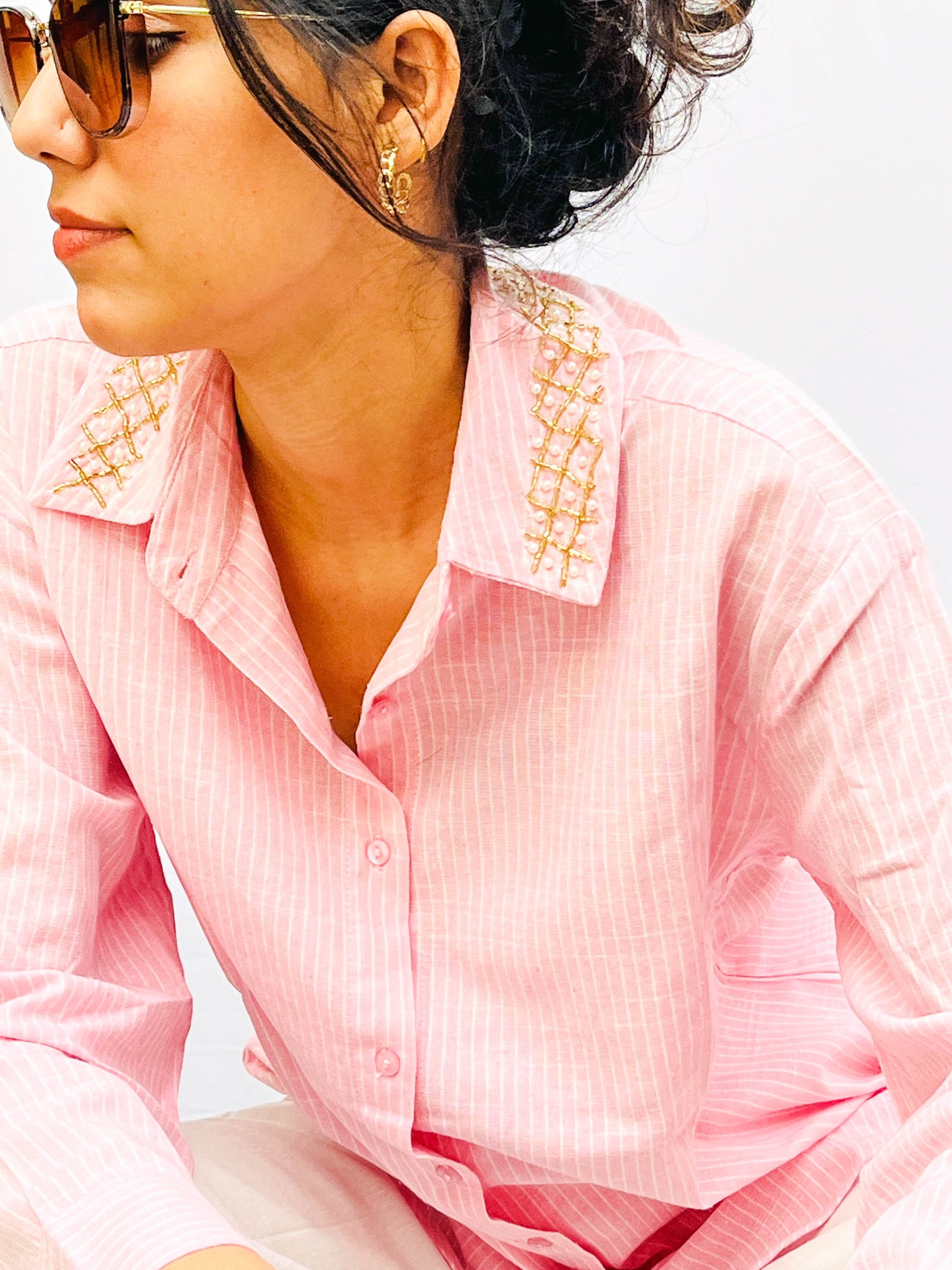 LIGHT PINK STRIPED SHIRT WITH EMBROIDERED COLLAR BESU INDIA