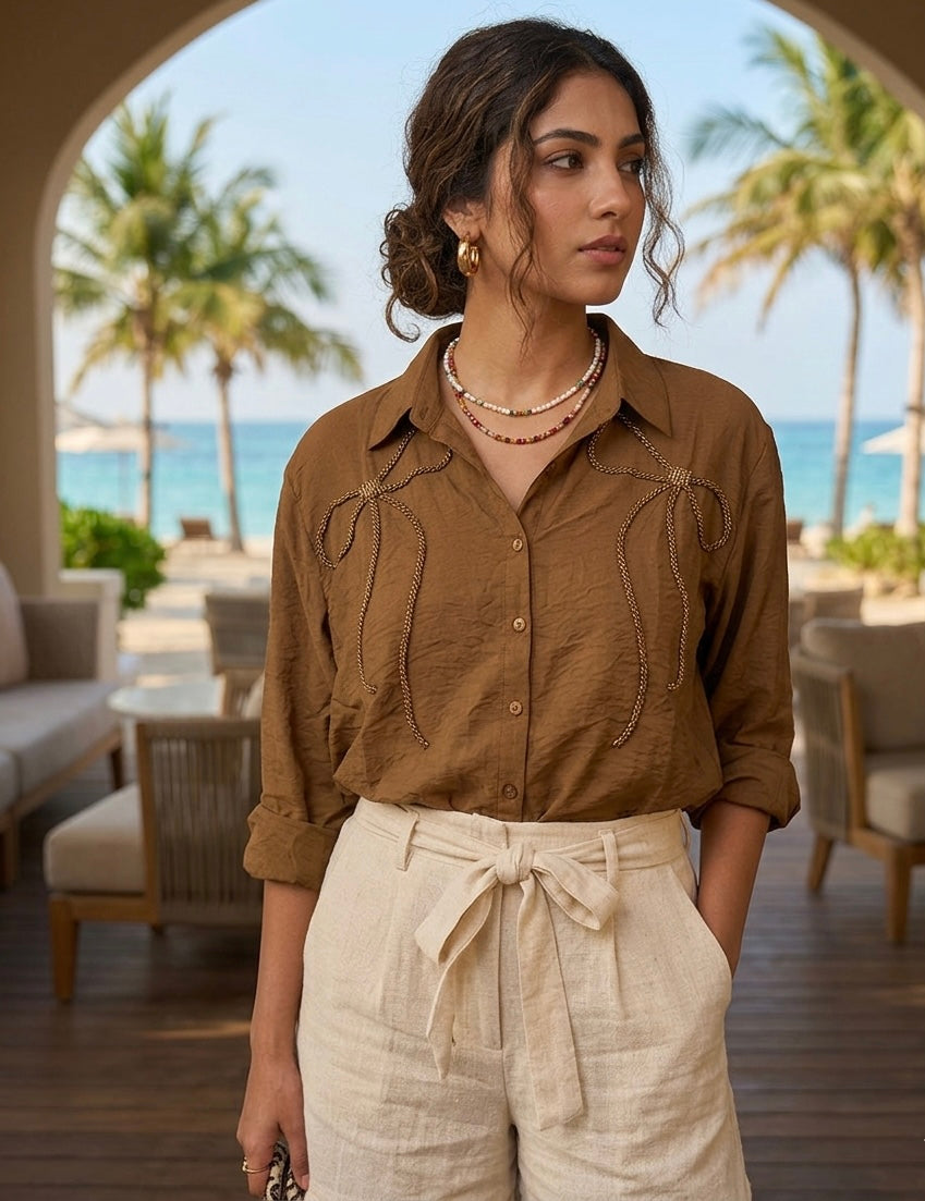 BROWN SHIRT WITH BEADED BOW BESU INDIA