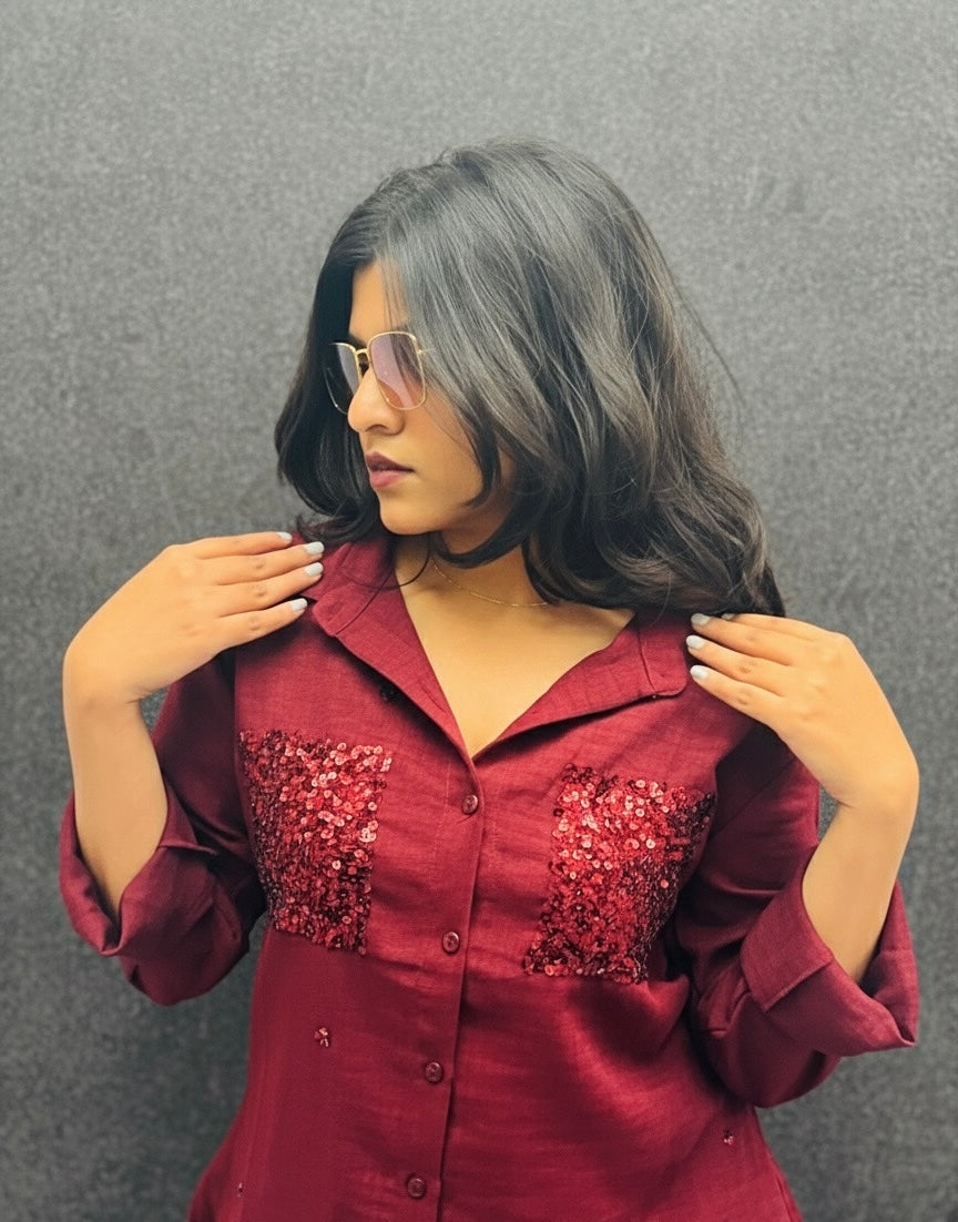 WINE RED LINEN CO-ORDS WITH SEQUINS POCKETS BESU INDIA