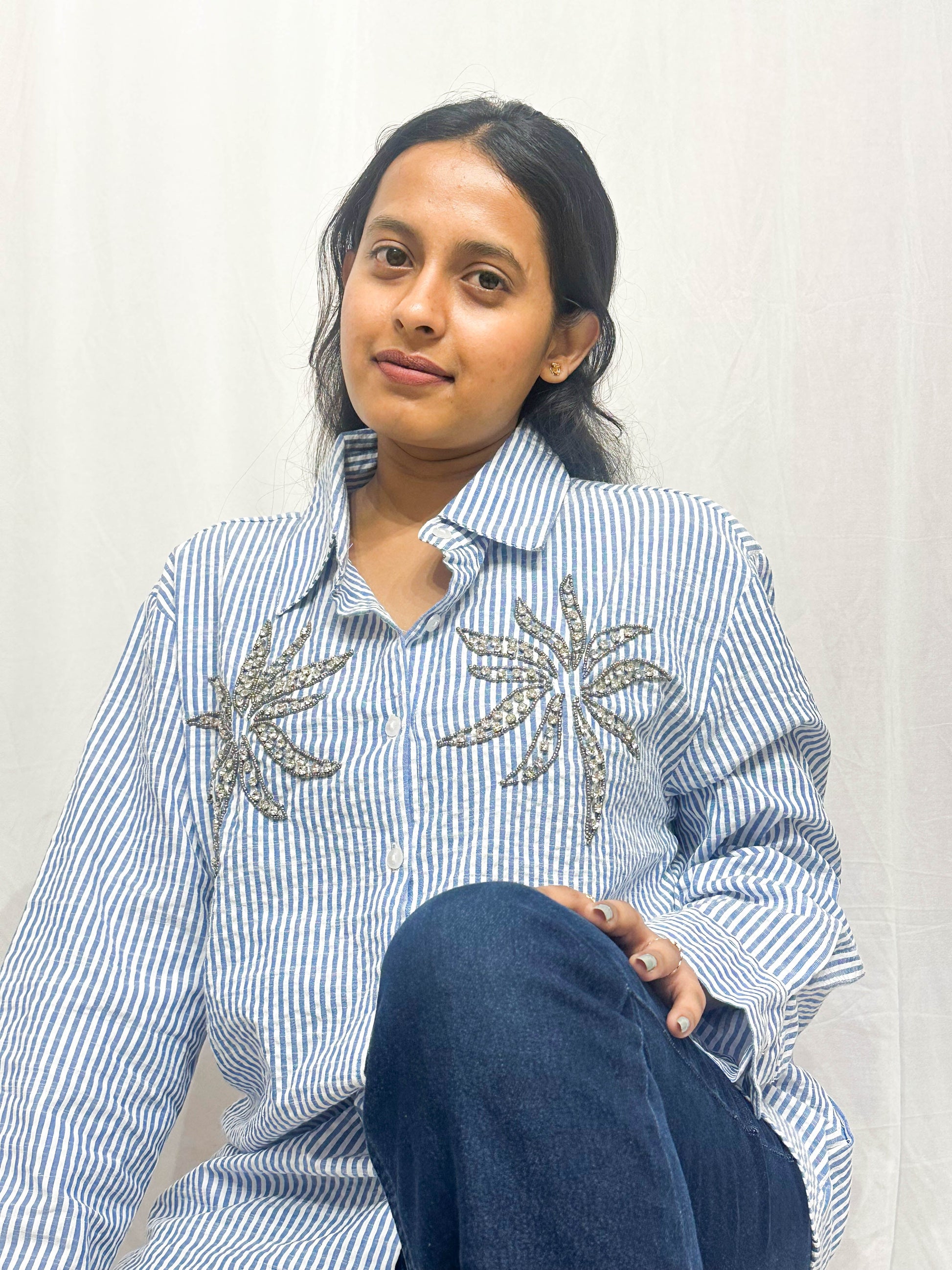 BLUE STRIPED SHIRT WITH HAND EMBELLISHMENTS COTTON SHIRT BESU INDIA