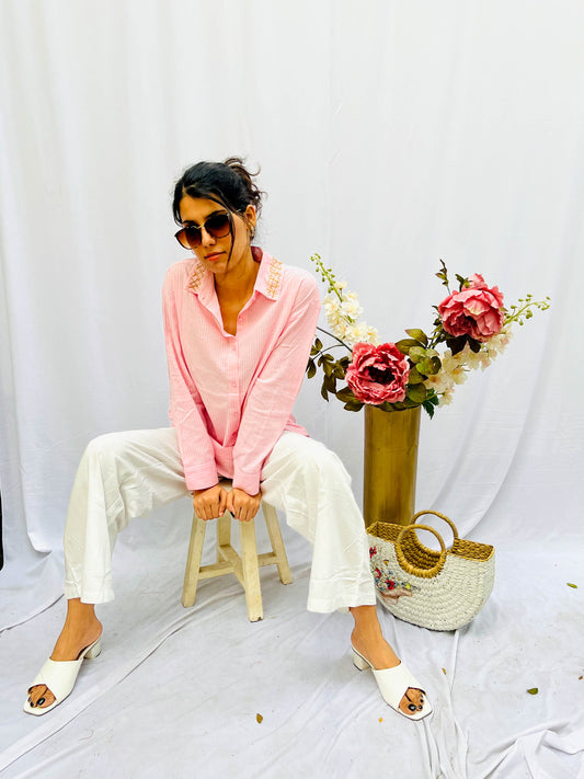 LIGHT PINK STRIPED EMBROIDERED SHIRT AND COMFORT PANTS BESU INDIA