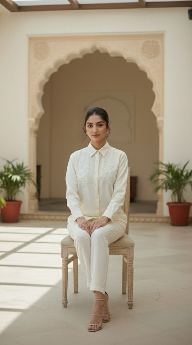 WHITE COTTON EMBELLISHED CLASSIC CO-ORD BESU INDIA