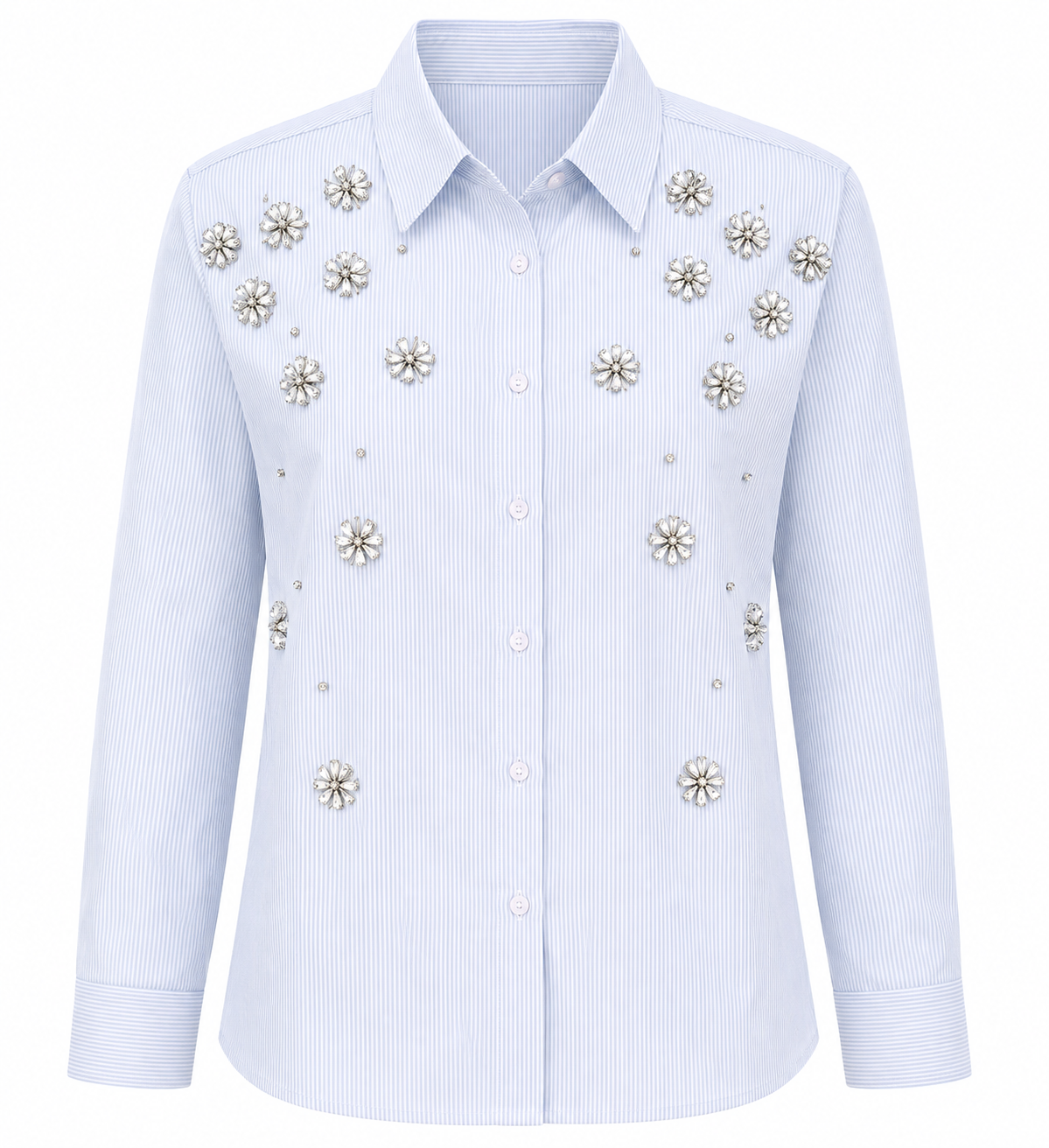 LIGHT BLUE STRIPED CRYSTAL BLOOM EMBELLISHED SHIRT BESU INDIA