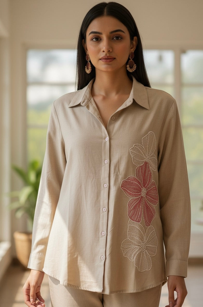 BEIGE LINEN THREAD  EMBROIDERED AND EMBELLISHED CO-ORDS BESU INDIA