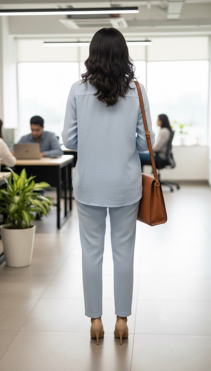 BLUE SOFT COTTON LINEN CO-ORDS WITH PATCHWORK WHITE SEQUINS EMBROIDERY BESU INDIA