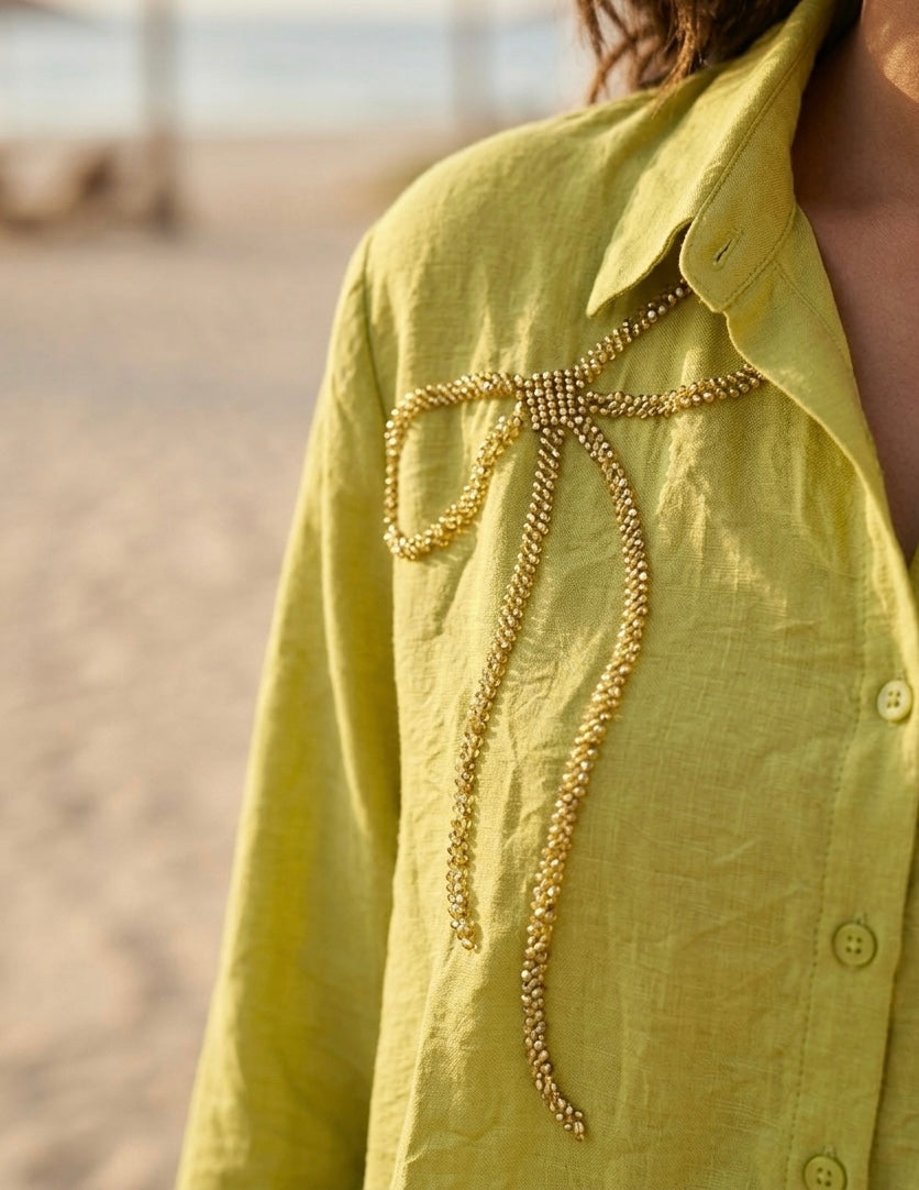 EARTHY GREEN SHIRT WITH BEADED BOW BESU INDIA