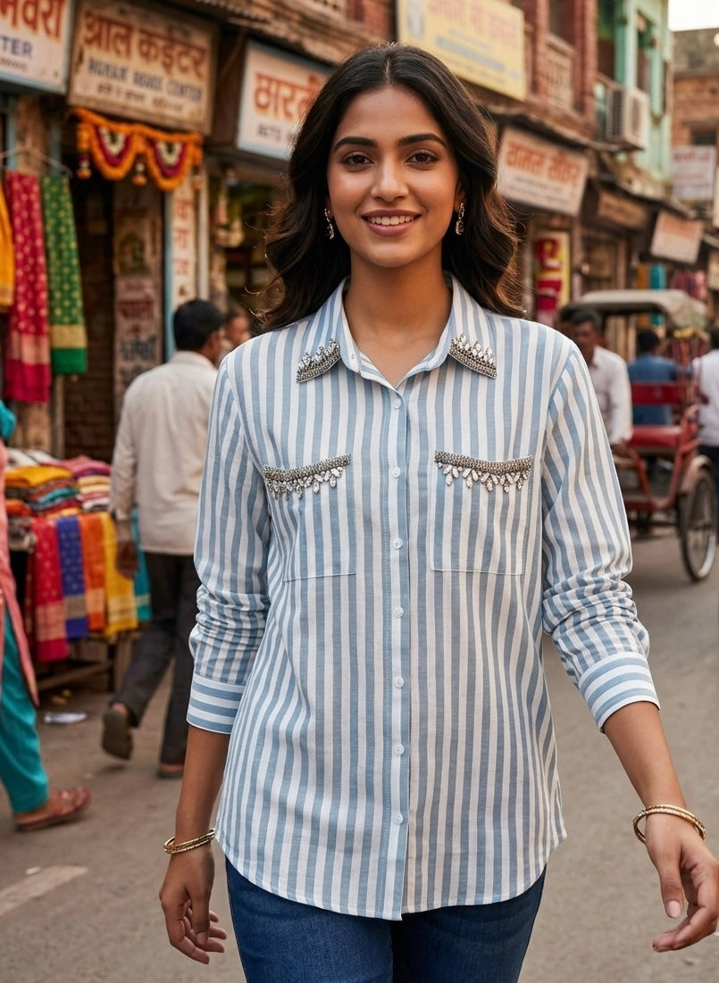 BLUE AND WHITE STRIPED SHIRT WITH EMBELLISHMENTS BESU INDIA