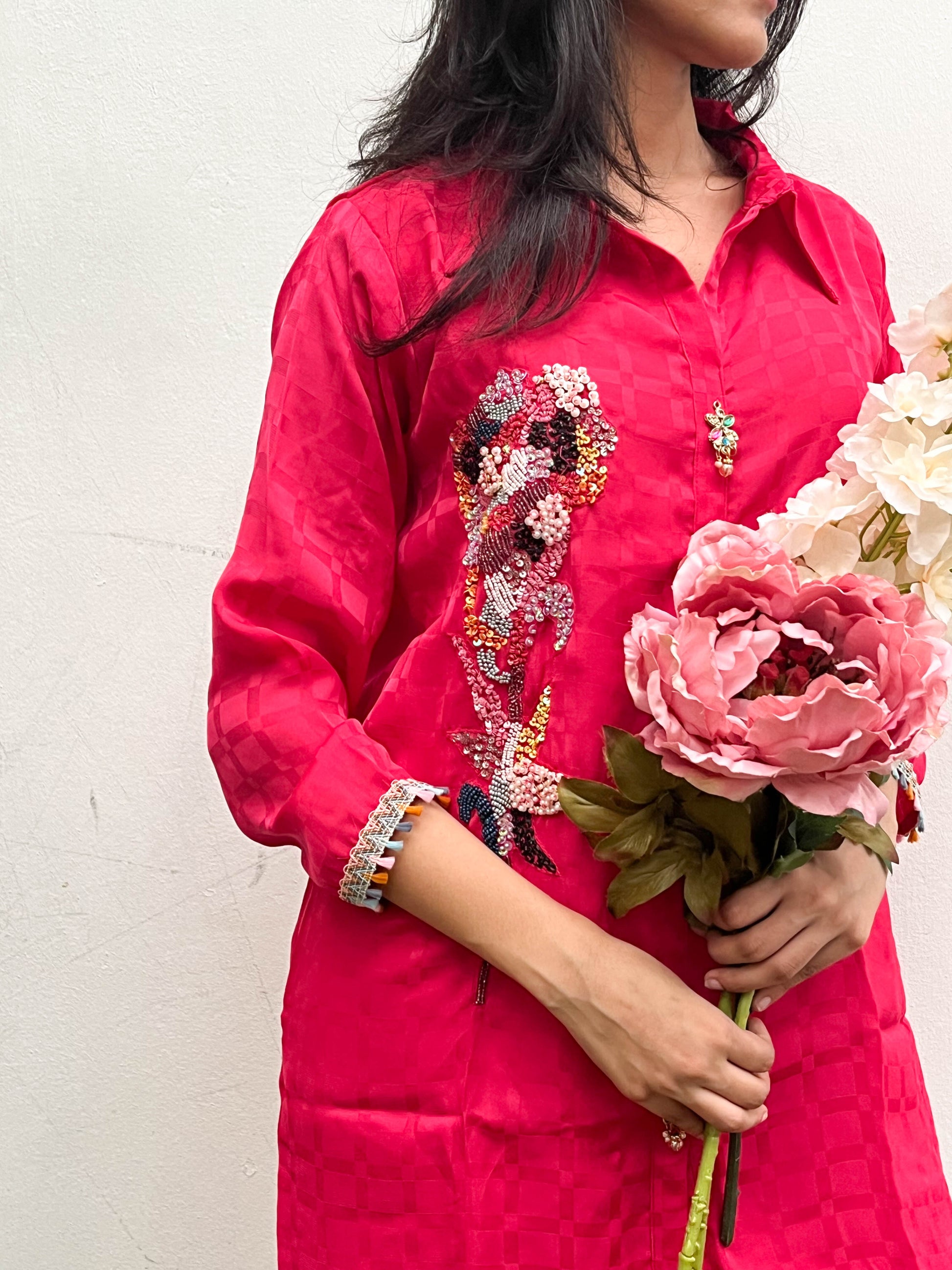 RED CREPE HAND EMBROIDERED CO-ORD SET BESU INDIA