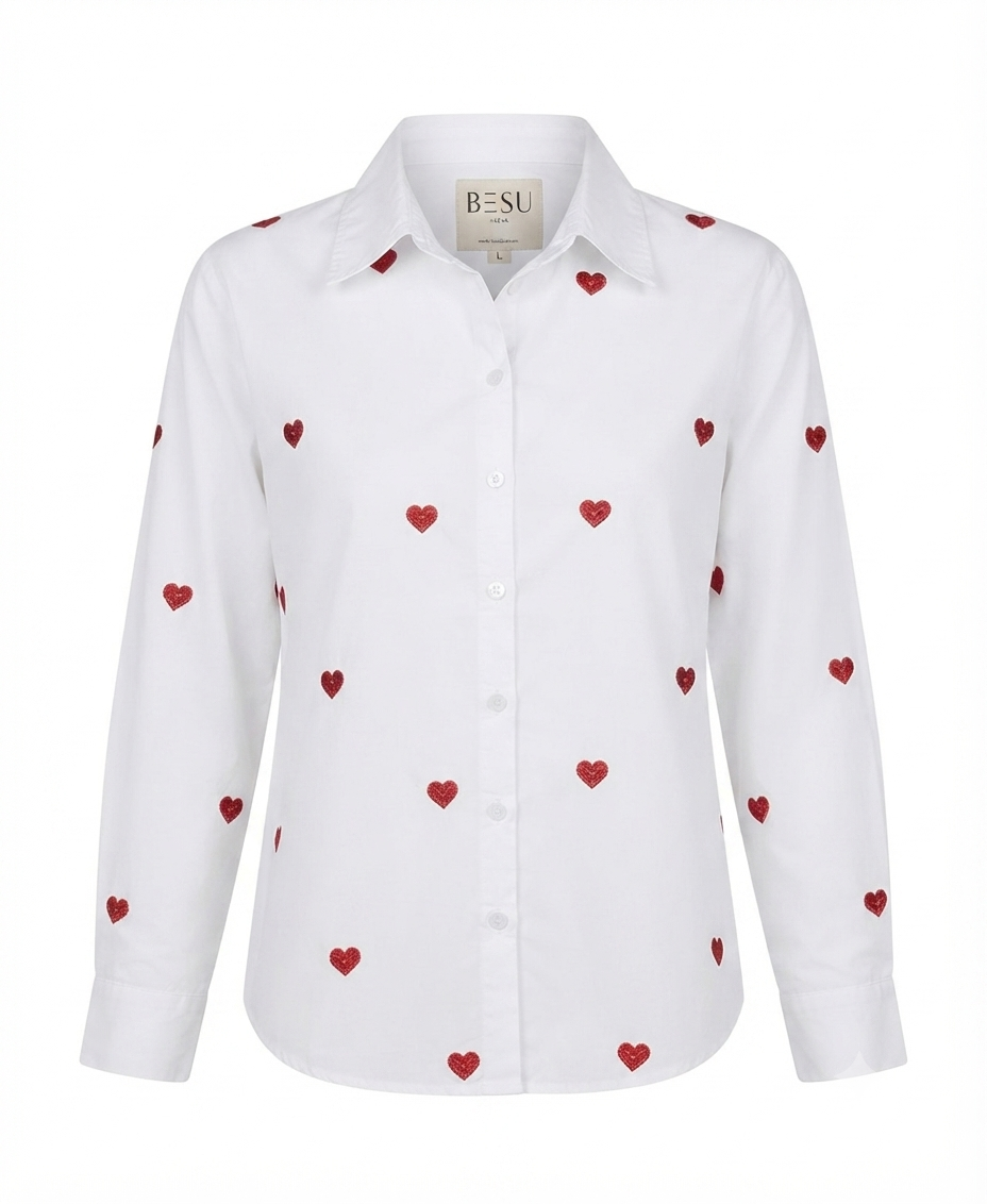 COTTON WHITE SHIRT WITH HEART SEQUINS EMBROIDERY BESU INDIA