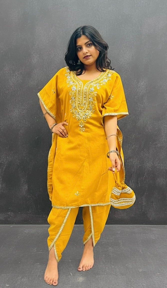 MUSTARD KAFTAN SET WITH A SMALL BAG BESU INDIA