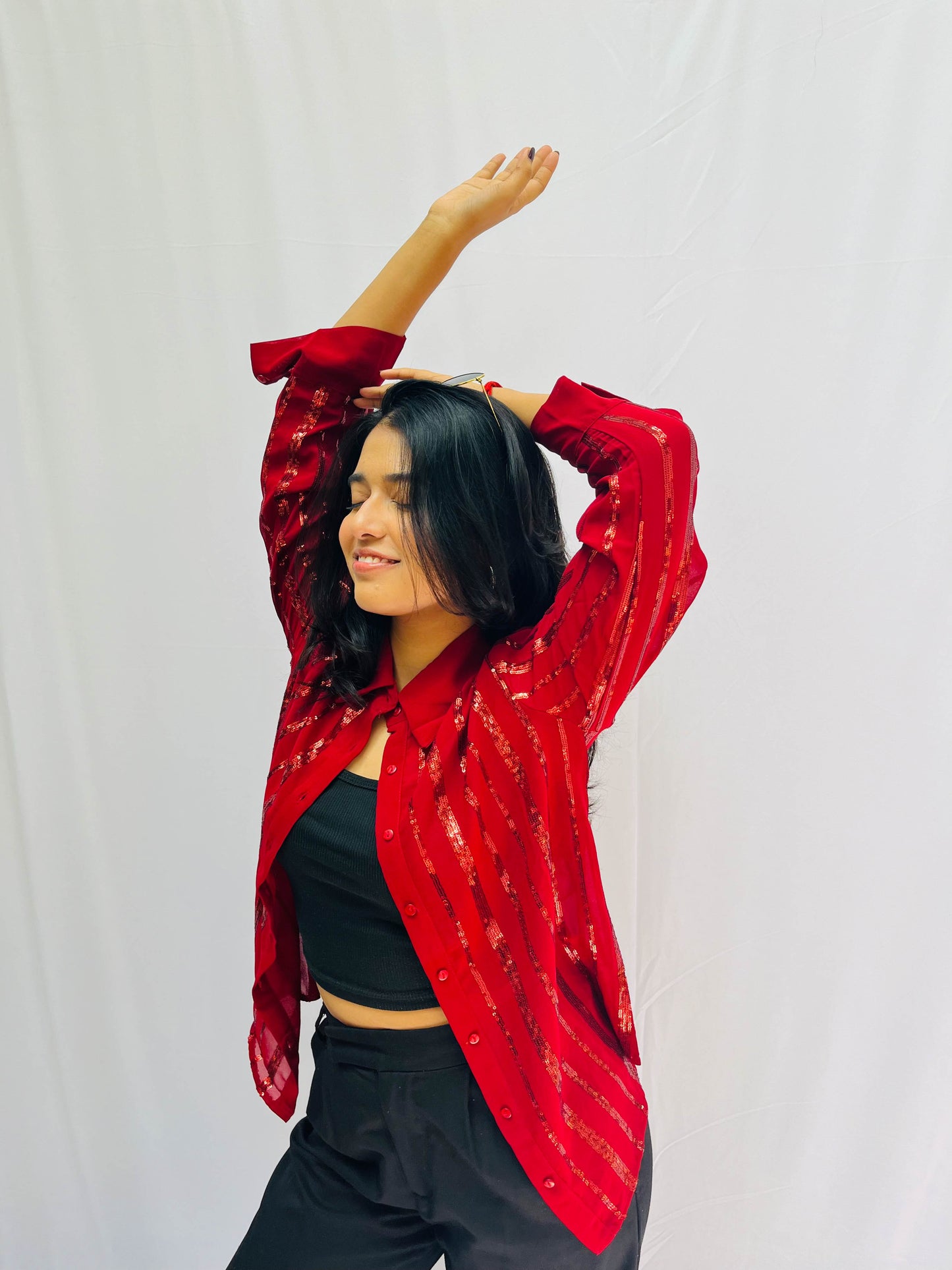 RED SEQUINS SEMI TRANSPARENT SHIRT BESU INDIA
