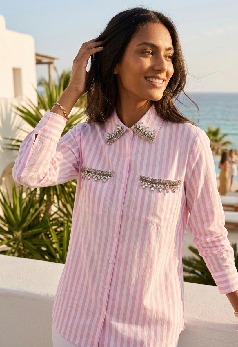 CANDY-PINK STRIPED SHIRT WITH EMBELLISHMENTS BESU INDIA