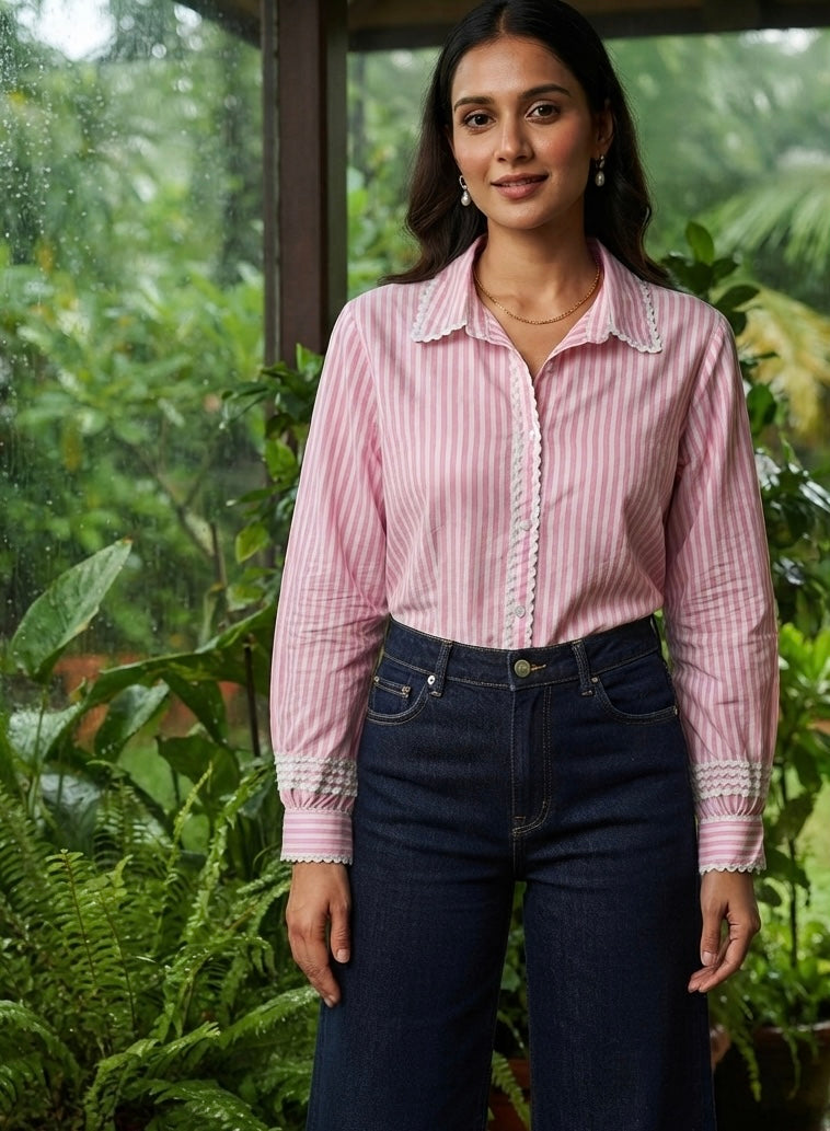 THE COTTON CANDY SCALLOP-TRIM STRIPE SHIRT BESU INDIA