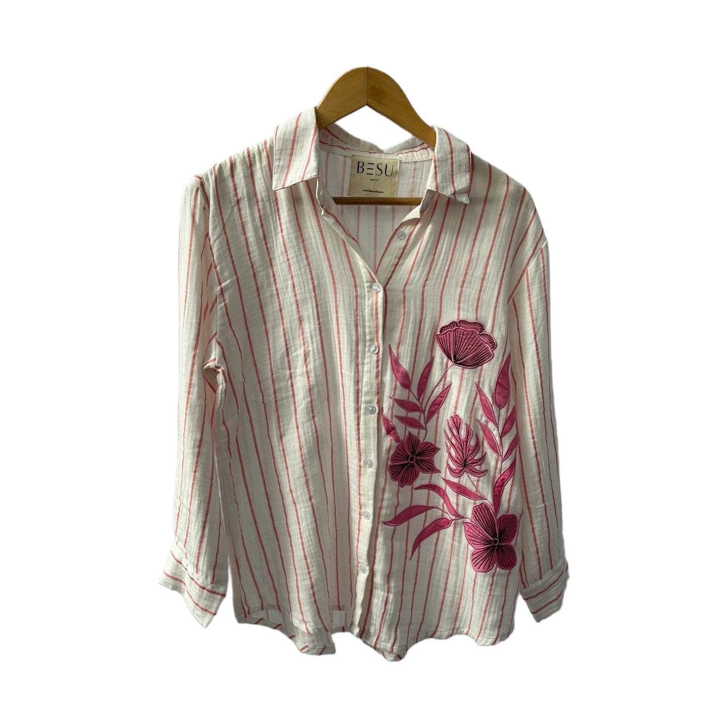 WHITE AND PINK STRIPED SOFT COTTON SHIRT WITH PATCHWORK BESU INDIA