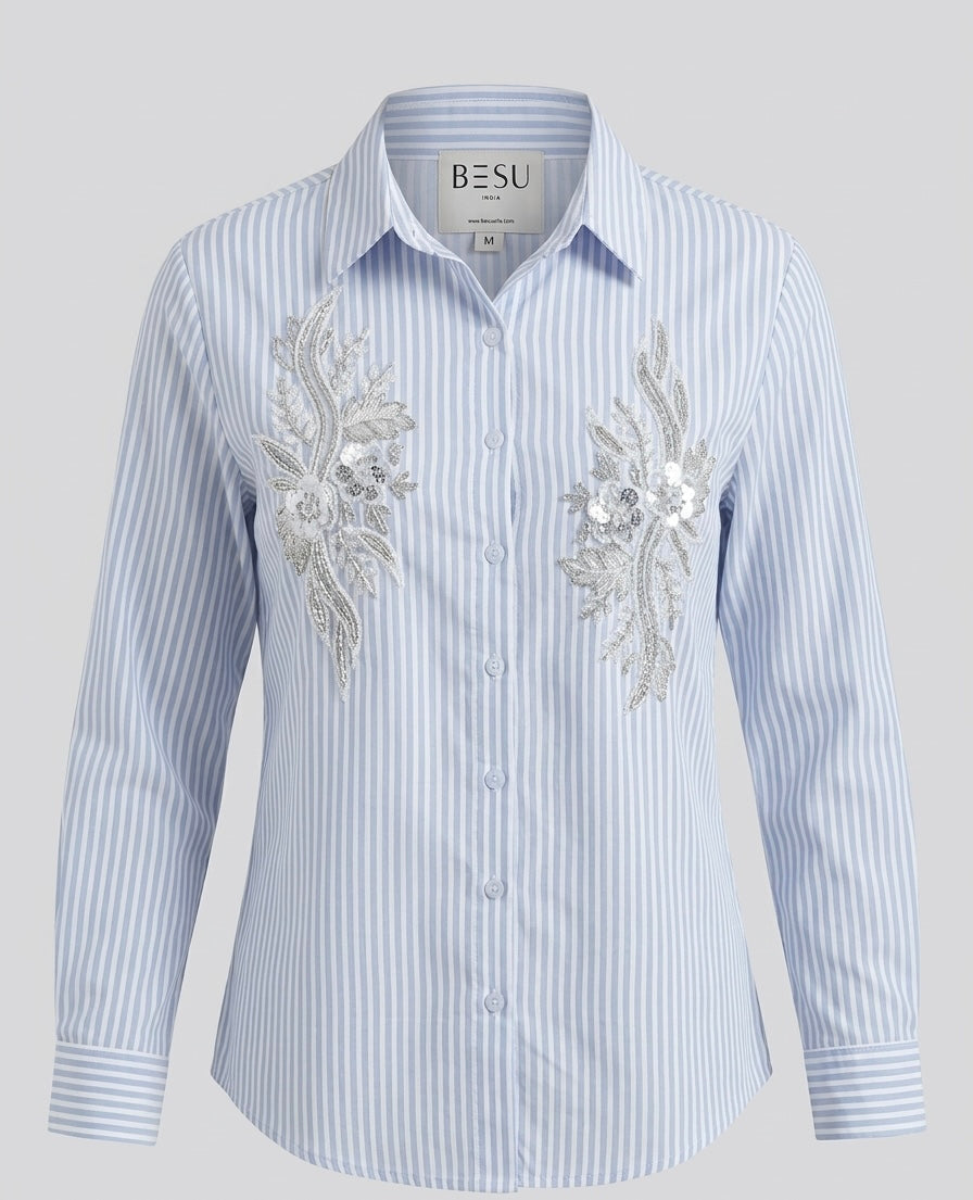 BLUE AND WHITE STRIPED SHIRT WITH EMBROIDERY BESU INDIA