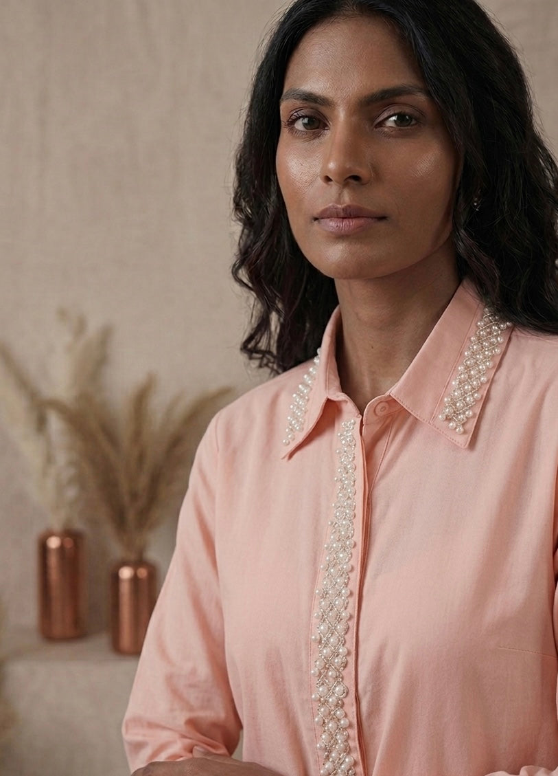 PEACH EMBELLISHED COTTON SHIRT BESU INDIA